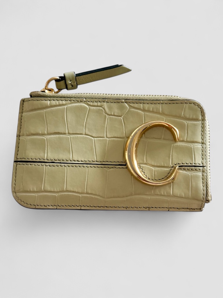 Chlo C Croc Embossed Leather Card Holder Wallet Sage Green